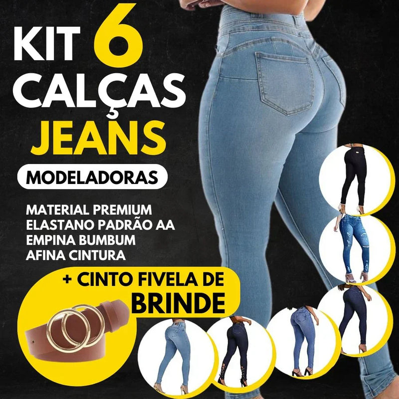 KIT 6 Calças Jeans Modeladoras + Cinto Fivela Argola Dupla de Brinde